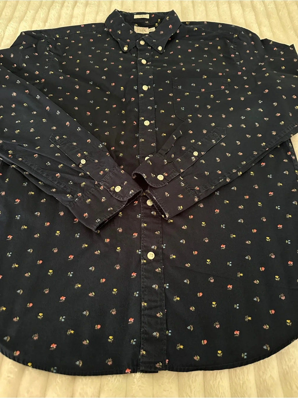 J. Crew Navy Cotton Button-Down Shirt with Small Floral Print Slim Fit